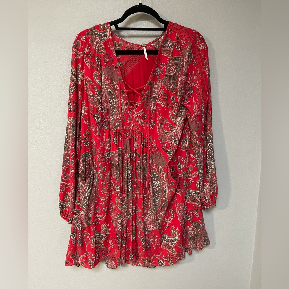 Free People Empire Floral Balloon Sleeve Short Dress with pockets Size Medium